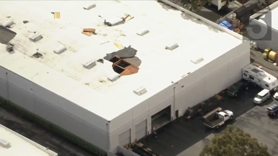 The roof of a business was damaged when a powerful weather cell hit Carson on May 4, 2023. (KTLA)