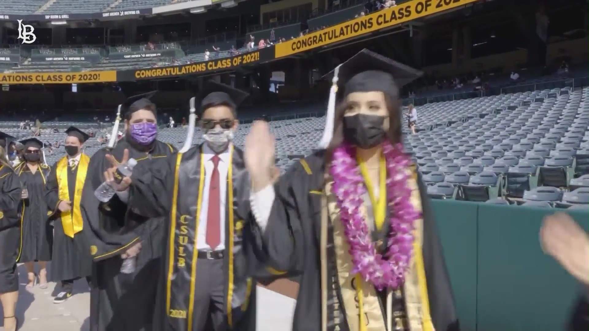 Cal State Long Beach students at a graduation ceremony held at Angel Stadium in 2023. (KTLA)