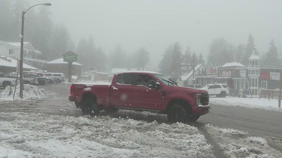 Springtime snowfall blankets Running Springs in Southern California on May 4, 2023. (KTLA)