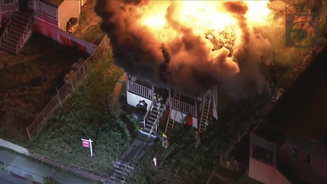 Los Angeles firefighters battled a massive house fire in Echo Park on May 5, 2023. (KTLA)