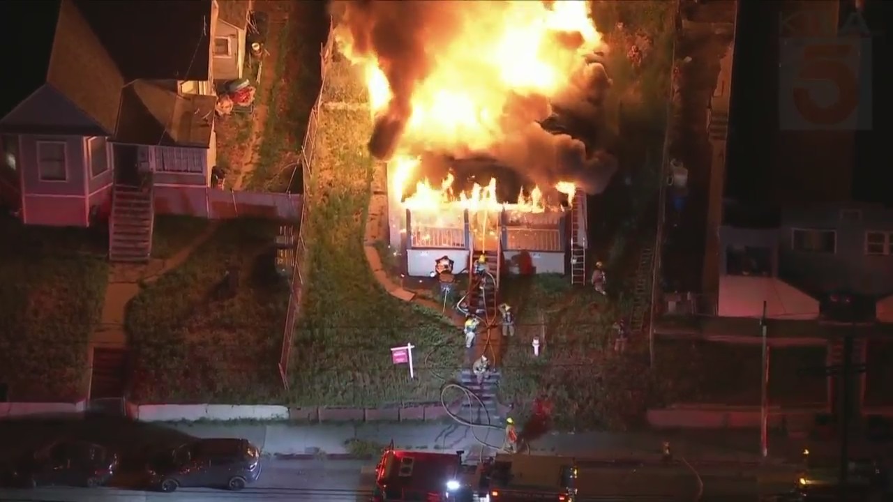 Los Angeles firefighters battled a massive house fire in Echo Park on May 5, 2023. (KTLA)