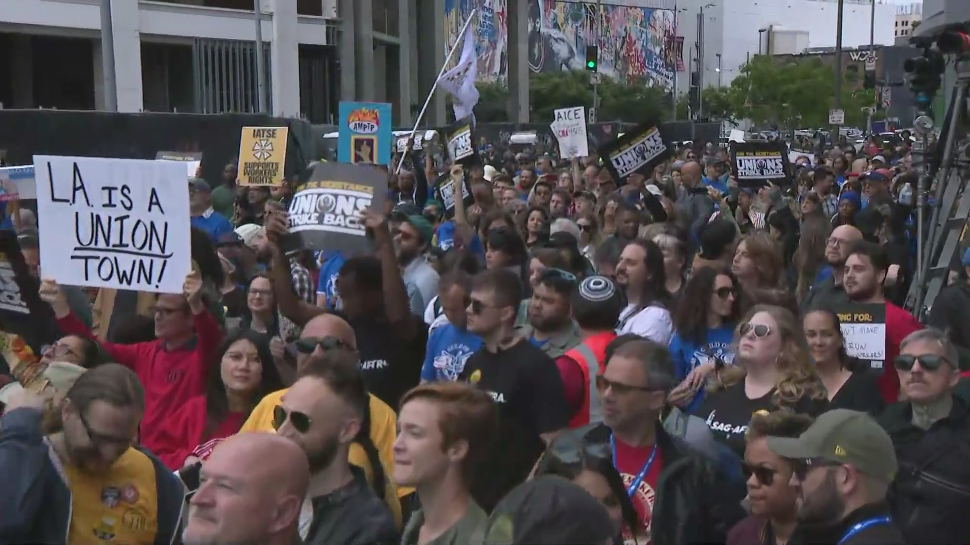 Thousands gathered for a rally in support of the ongoing Writers Guild of America strike in downtown Los Angeles on May 26, 2023. (KTLA)