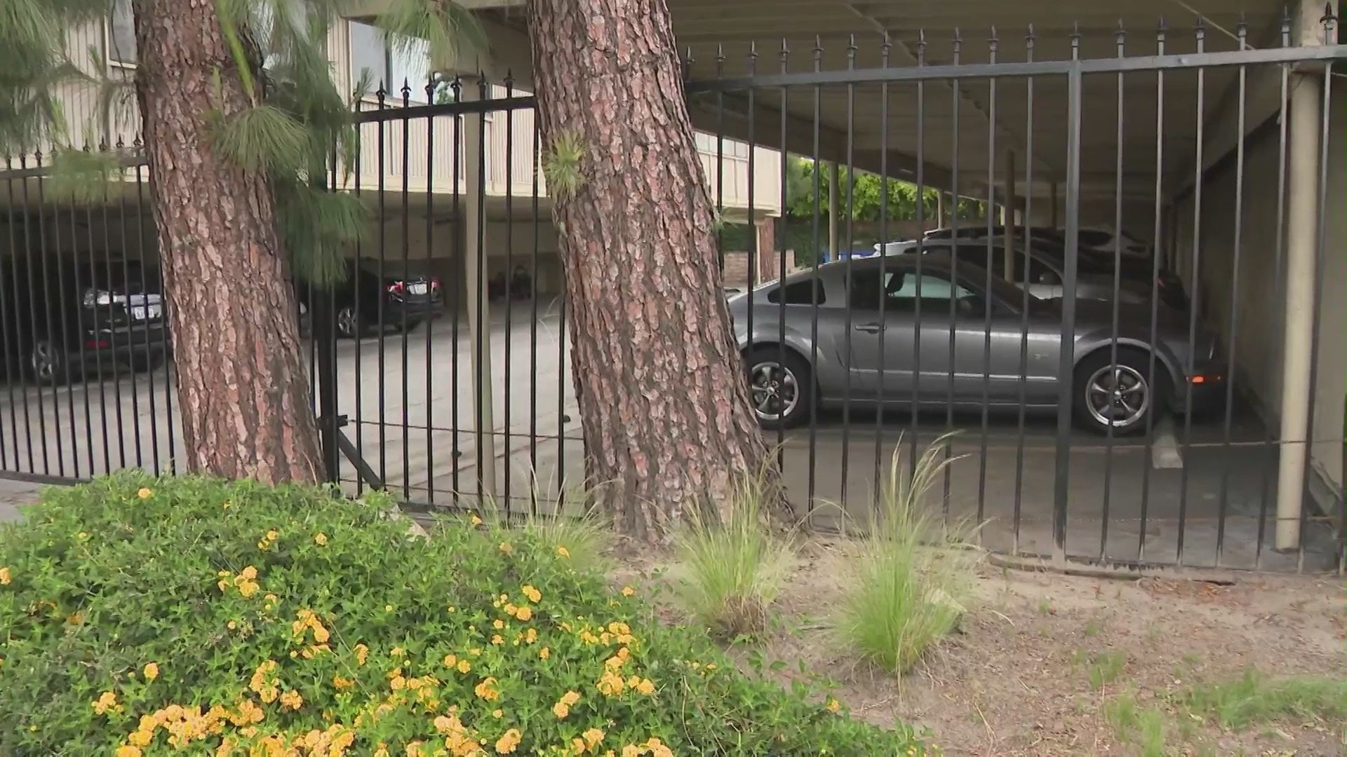 Parking lot where a Bentley driver was targeted and shot at by an armed robber in Sherman Oaks on May 10, 2023. (KTLA)