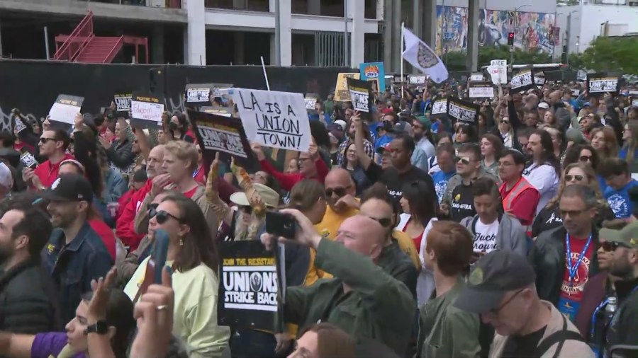 Thousands gathered for a rally in support of the ongoing Writers Guild of America strike in downtown Los Angeles on May 26, 2023. (KTLA)