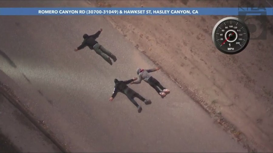 A group of robbery suspects were caught after a high-speed chase through Los Angeles County on May 26, 2023. (KTLA)