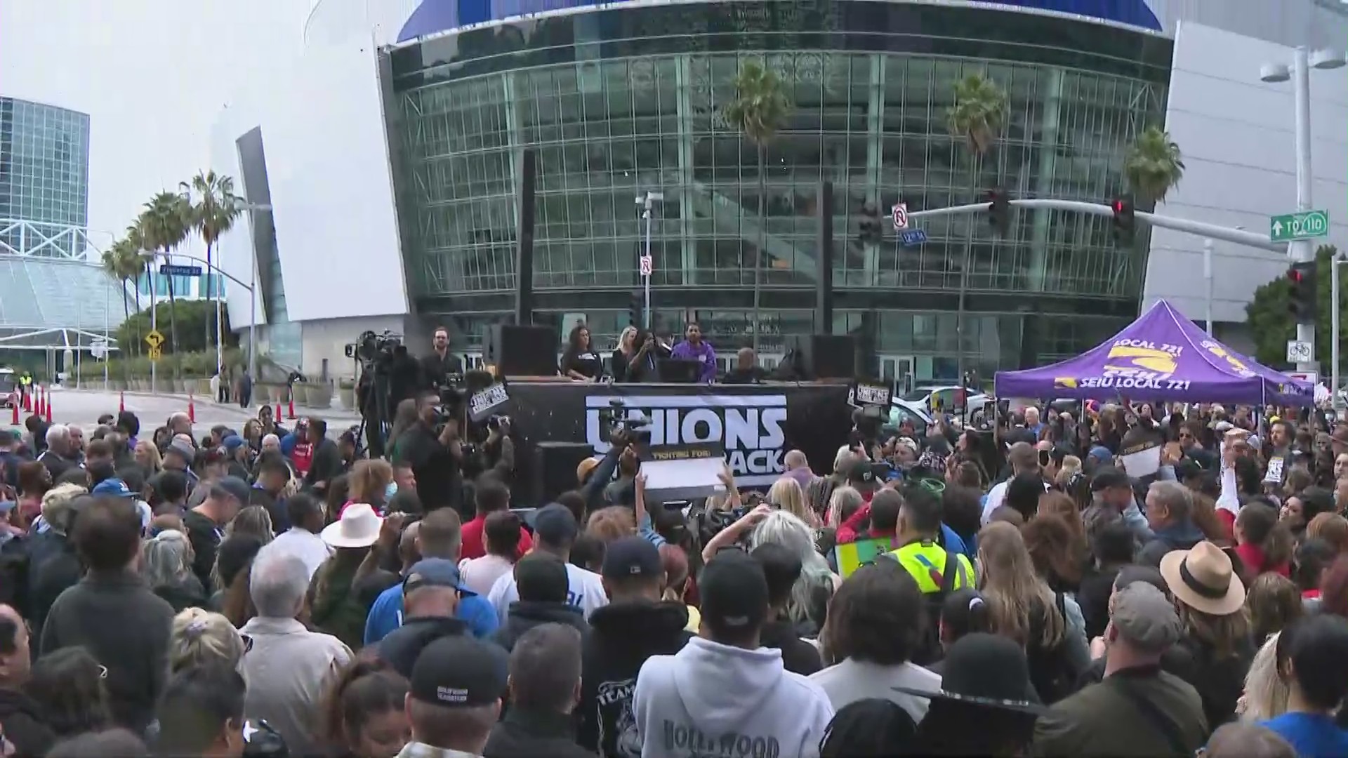 Thousands gathered for a rally in support of the ongoing Writers Guild of America strike in downtown Los Angeles on May 26, 2023. (KTLA)