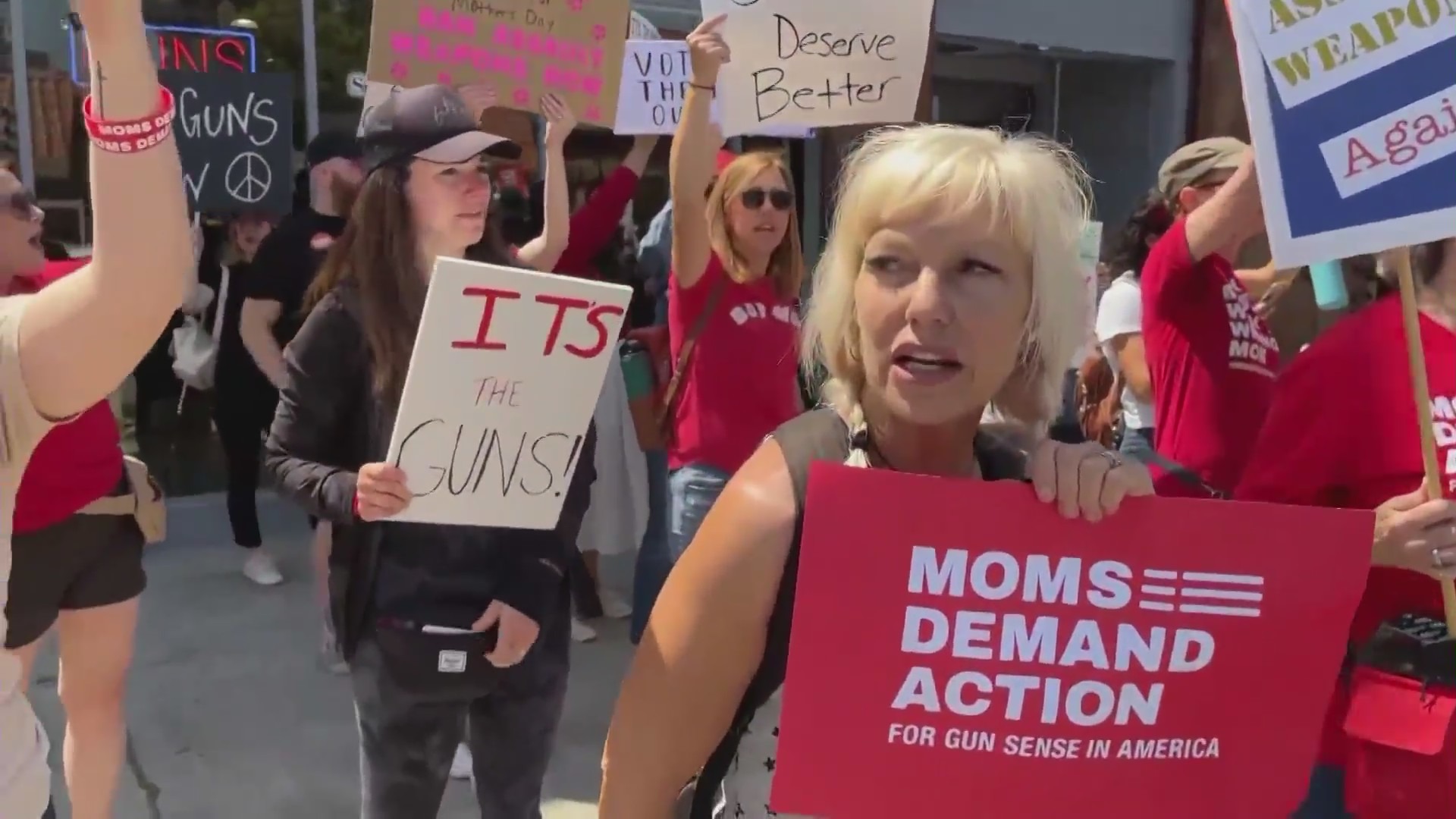 Moms Demand Action for Gun Sense in America held a rally in Burbank on May 13, 2023 calling for a ban on assault-style weapons following a wave of deadly mass shootings in the U.S. (KTLA)