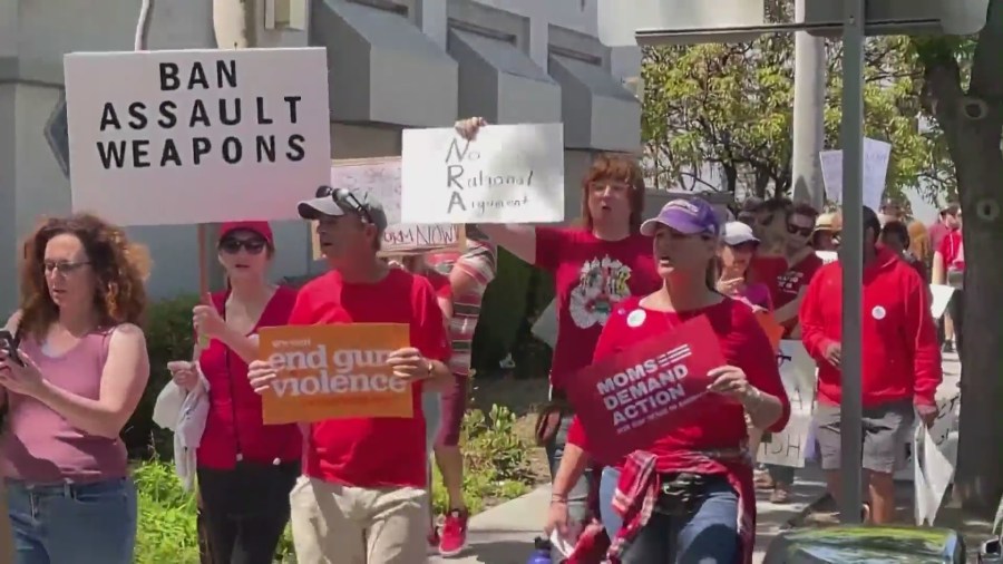 Moms Demand Action for Gun Sense in America held a rally in Burbank on May 13, 2023 calling for a ban on assault-style weapons following a wave of deadly mass shootings in the U.S. (KTLA)