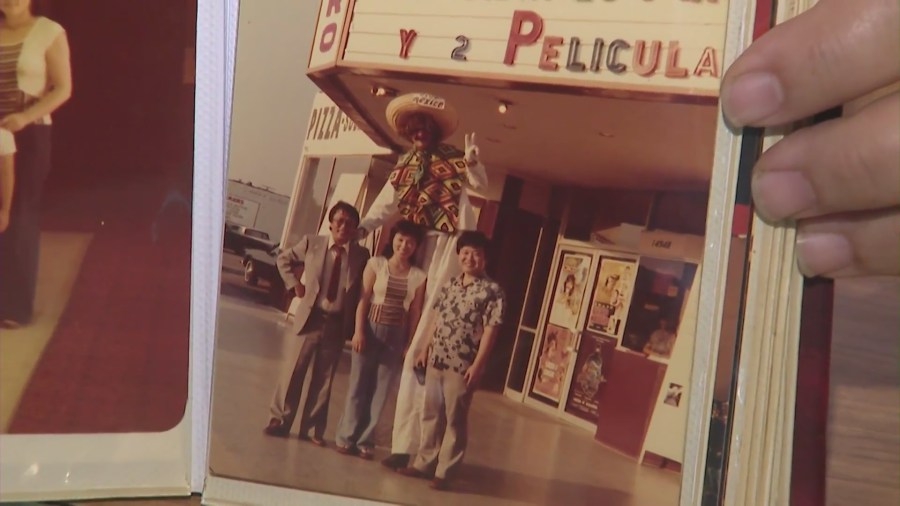 Judy Kim's parents, John and Nancy, pictured in 1976 when they purchased the Gardena Theater. (KTLA)