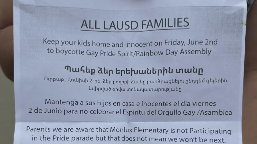 Elementary school Pride protest flyer