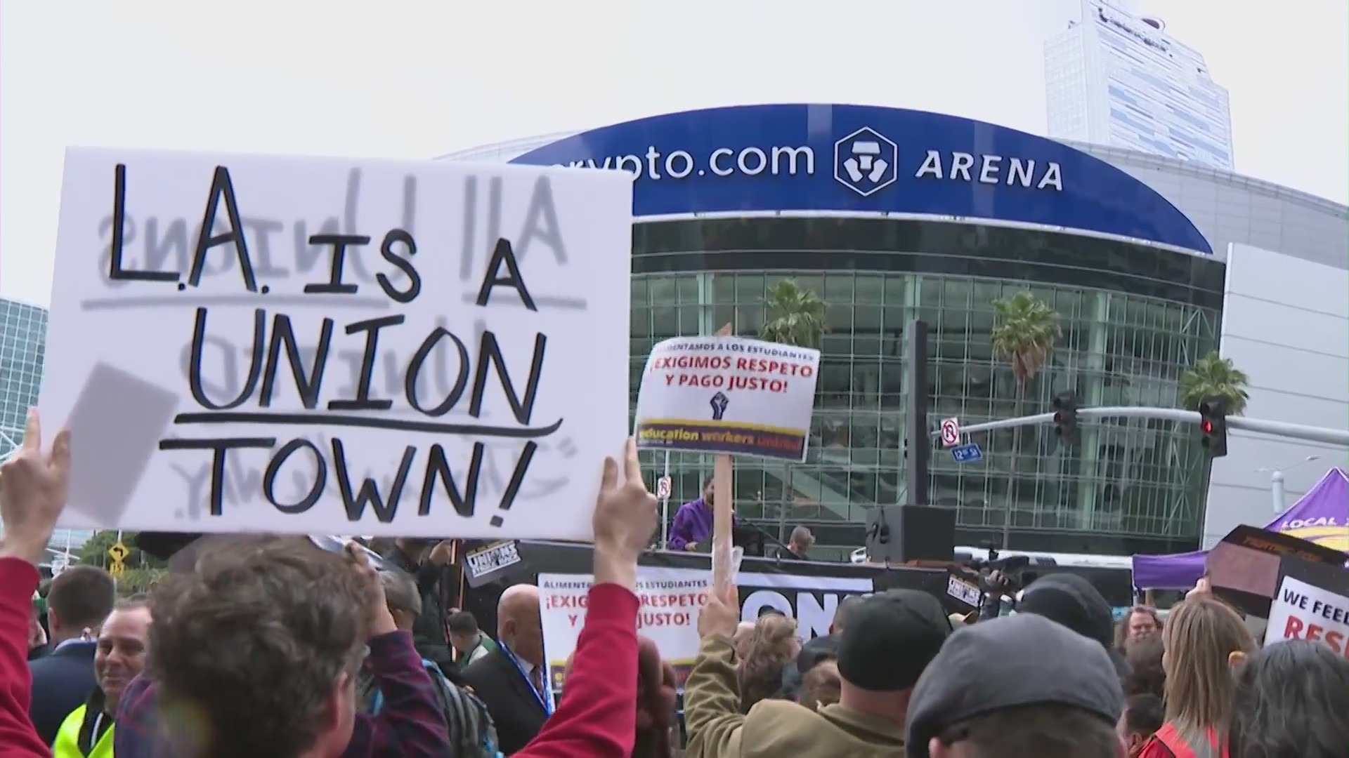 Thousands gathered for a rally in support of the ongoing Writers Guild of America strike in downtown Los Angeles on May 26, 2023. (KTLA)