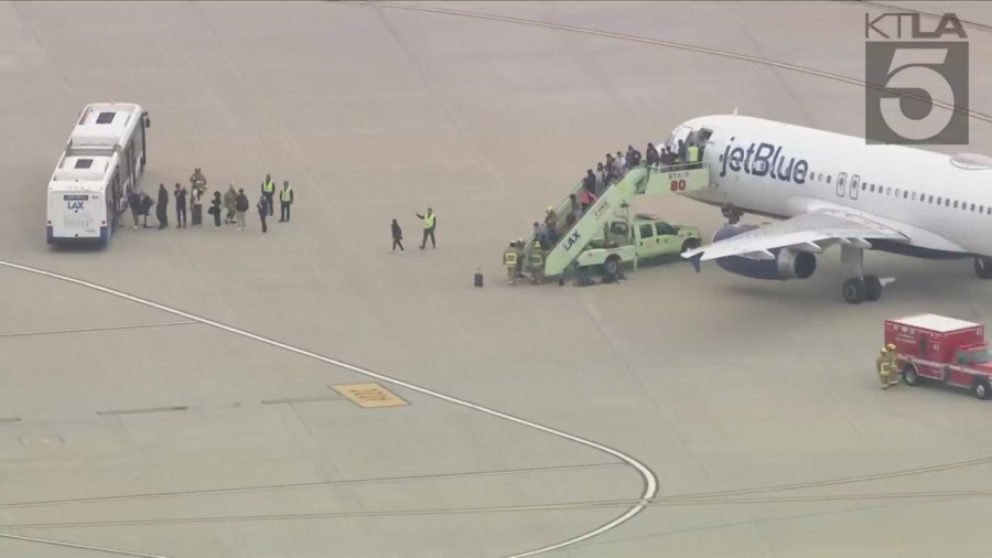 A JetBlue flight from las Vegas to Los Angeles was evacuated after reports of a suspicious package on board. (KTLA)