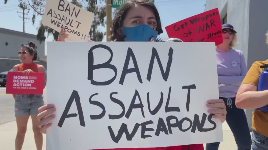 Moms Demand Action for Gun Sense in America held a rally in Burbank on May 13, 2023 calling for a ban on assault-style weapons following a wave of deadly mass shootings in the U.S. (KTLA)