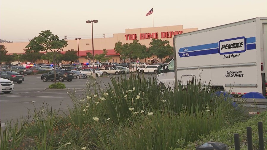 A suspect was shot and killed by officers after he allegedly threatened customers at a Burbank Home Depot on May 27, 2023. (KTLA)