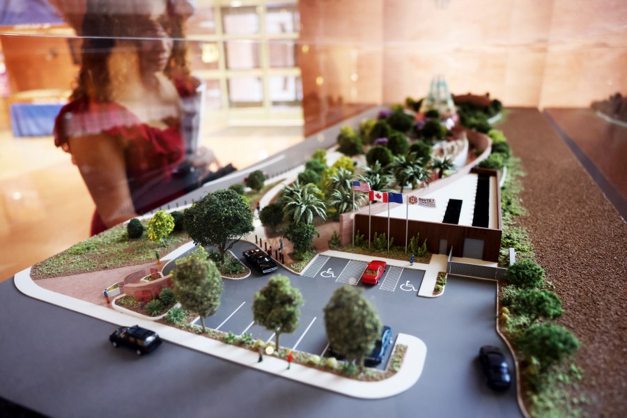 A model by JCJ Architecture, one of five finalists for the permanent 1 October Memorial commemorating the Route 91 Harvest festival shooting, on display in the rotunda at the Clark County Government Center in Las Vegas, Monday, June 5, 2023. (K.M. Cannon/Las Vegas Review-Journal via AP)