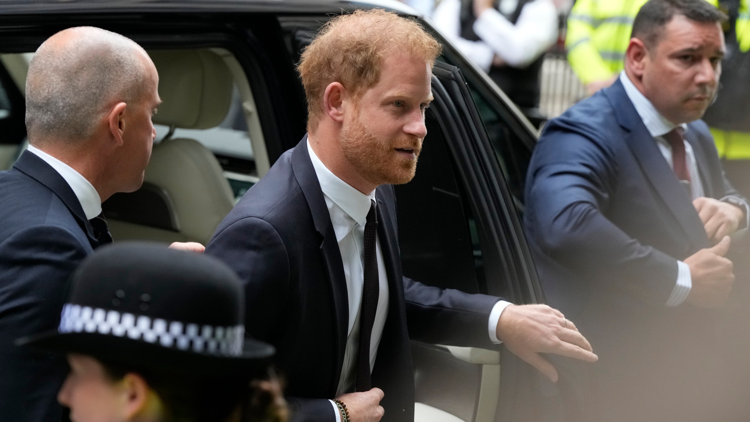 Prince Harry arrives at the High Court in London, Tuesday, June 6, 2023. Prince Harry is due at a London court to testify against a tabloid publisher he accuses of phone hacking and other unlawful snooping. Harry alleges that journalists at the Daily Mirror and its sister papers used unlawful techniques on an "industrial scale" to get scoops. Publisher Mirror Group Newspapers is contesting the claims. (AP Photo/Frank Augstein)