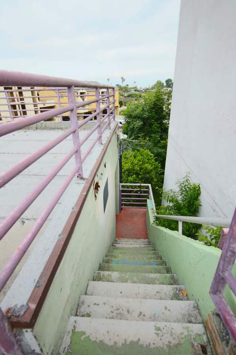 The stairwell which takes you down to the home's front entrance. (Douglas Lee Real Estate)