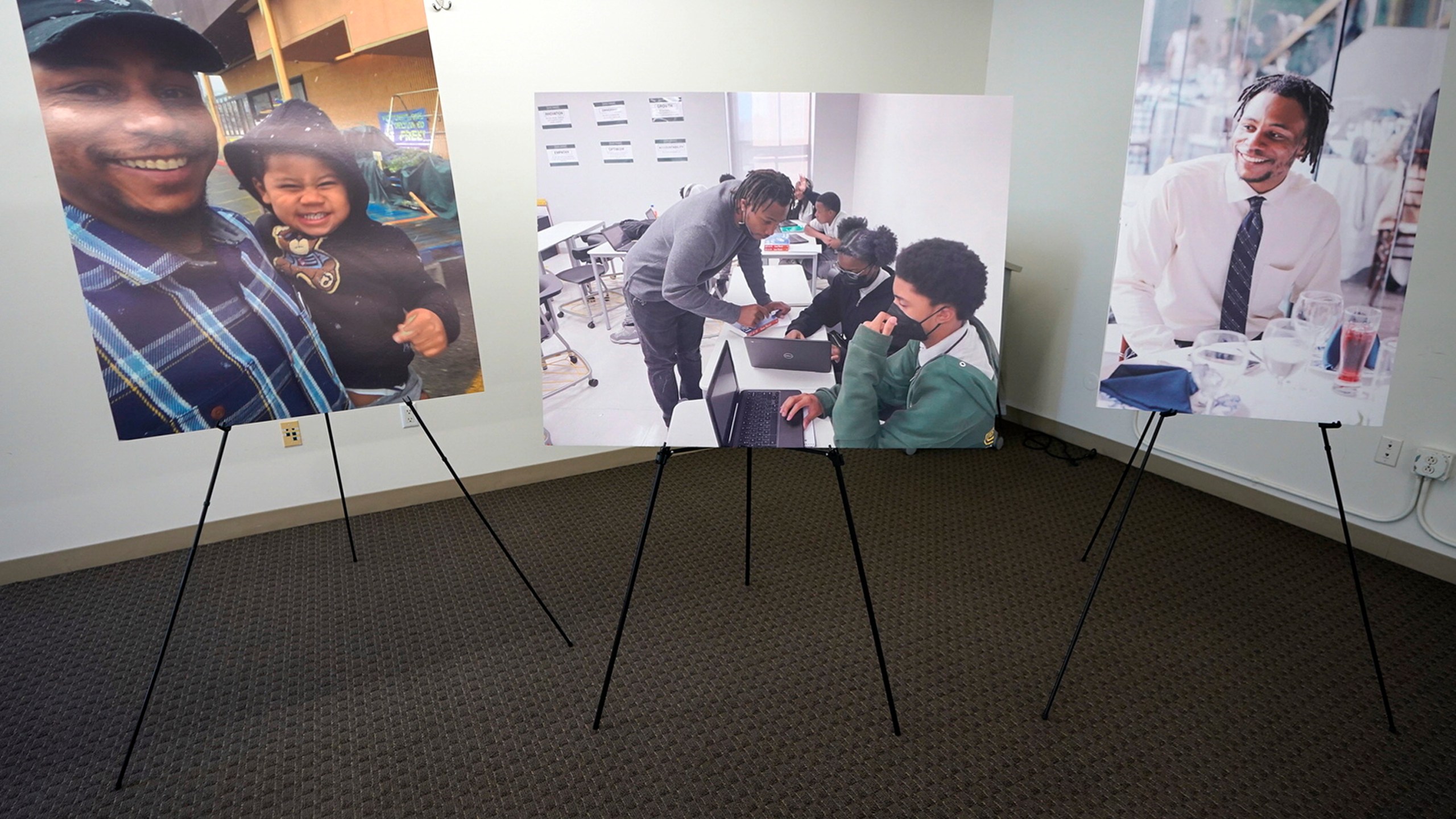 Pictures of Keenan Anderson, who was hit with a stun gun multiple times during a struggle with Los Angeles police officers and died at a hospital, are displayed at news conference held by his family's attorney Jan. 20, 2023, in Los Angeles. Anderson, a teacher, died from an enlarged heart and cocaine use, according to an autopsy report released Friday, June 2. Anderson's death prompted an outcry over the Los Angeles Police Department's use of force. It was one of three fatal LAPD confrontations, including two shootings, that took place only days into the new year. (AP Photo/Damian Dovarganes, File)