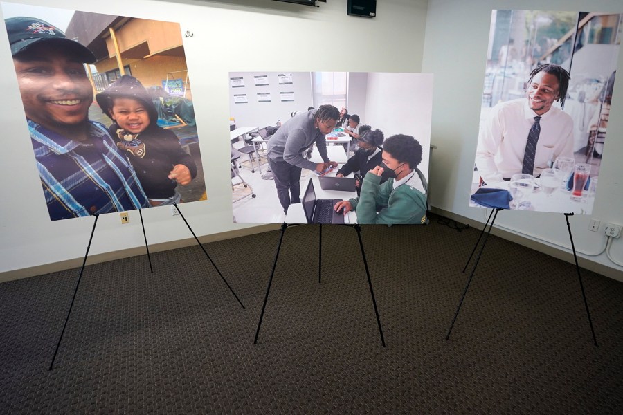 Pictures of Keenan Anderson, who was hit with a stun gun multiple times during a struggle with Los Angeles police officers and died at a hospital, are displayed at news conference held by his family's attorney Jan. 20, 2023, in Los Angeles. Anderson, a teacher, died from an enlarged heart and cocaine use, according to an autopsy report released Friday, June 2. Anderson's death prompted an outcry over the Los Angeles Police Department's use of force. It was one of three fatal LAPD confrontations, including two shootings, that took place only days into the new year. (AP Photo/Damian Dovarganes, File)