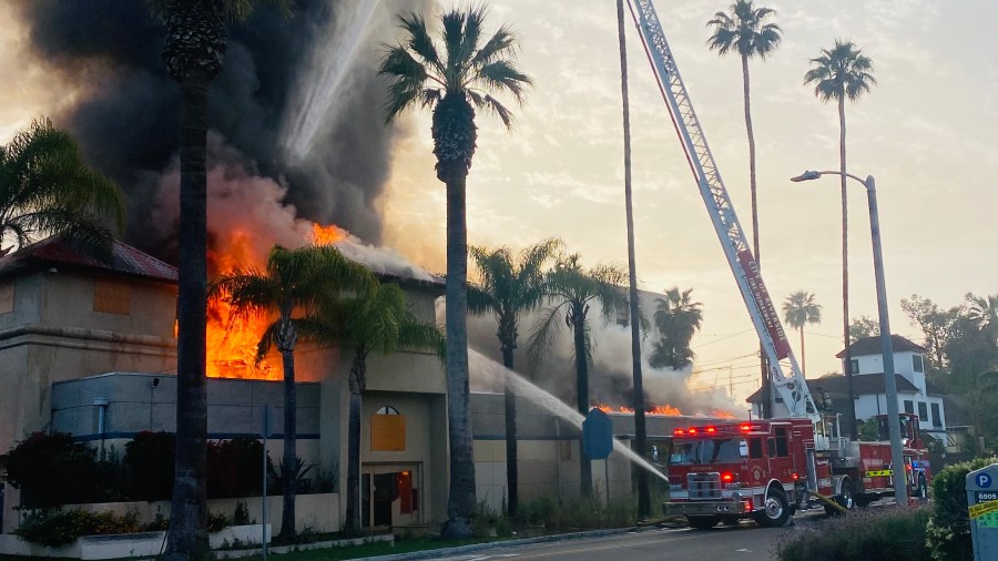 Two men were arrested for allegedly setting fire to a city-owned building in Riverside, causing millions of dollars in damages. (Riverside Fire Department)