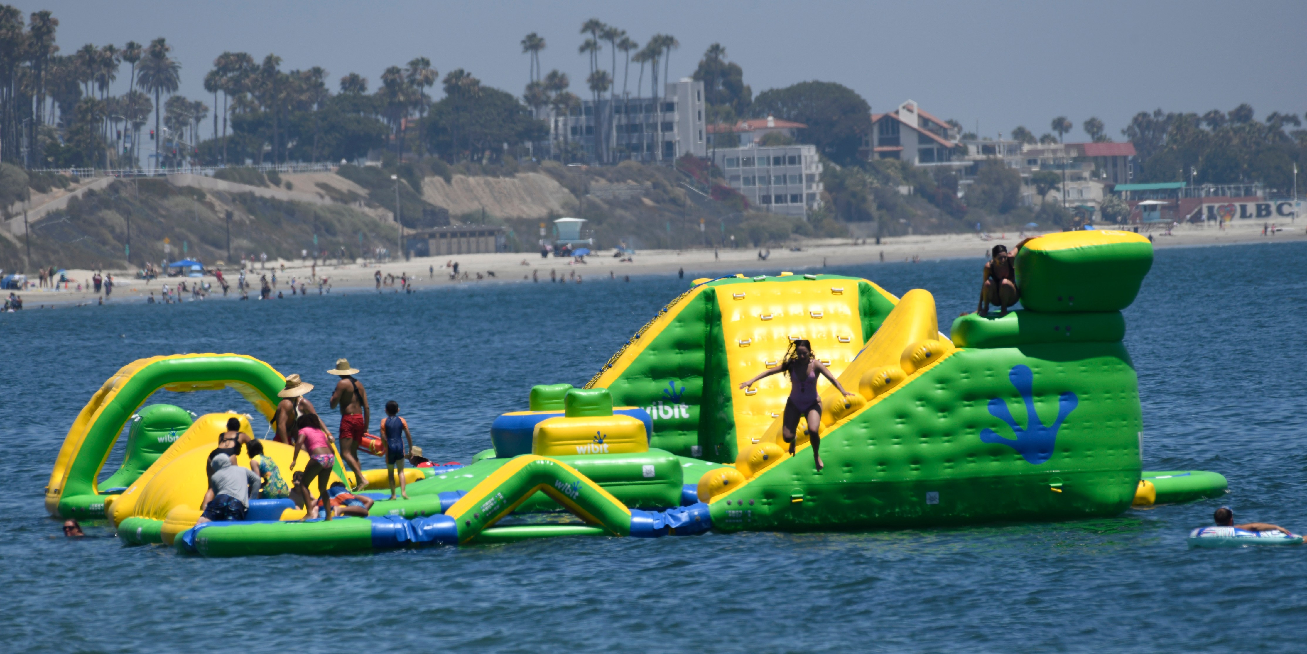 Long Beach's free floating Wibit aquatic playground is seen being enjoyed by swimmers. (Long Beach)