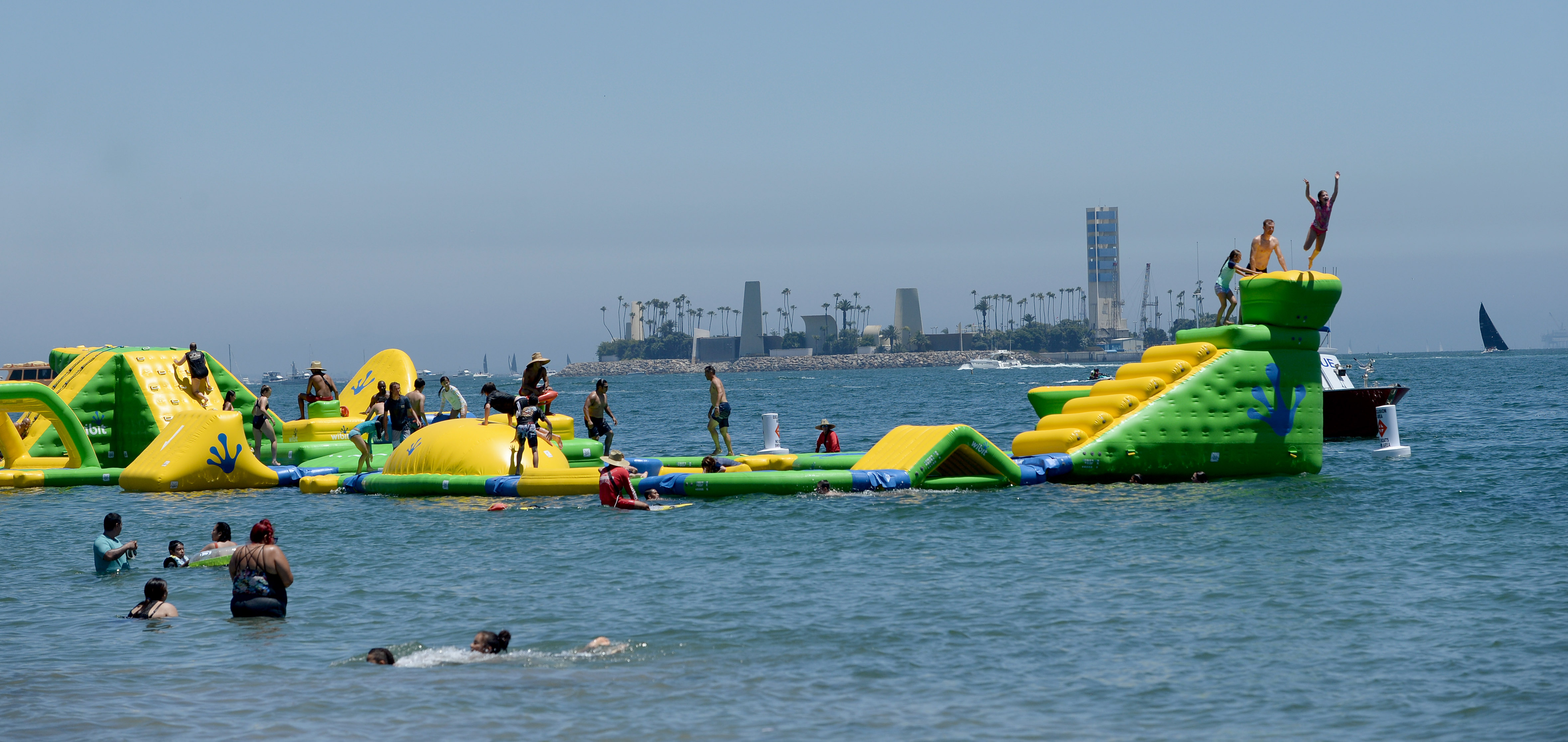 Long Beach's free floating Wibit aquatic playground is seen being enjoyed by swimmers. (Long Beach)