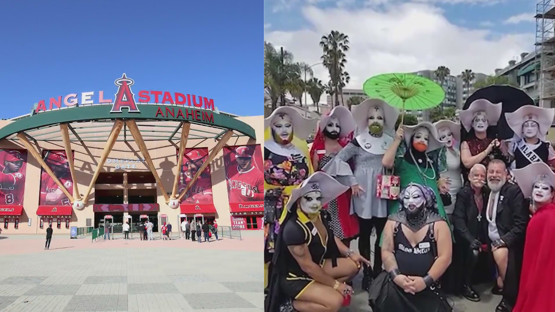 An LGBTQ+ group called the Sisters of Perpetual Indulgence attended the Anaheim Angels Pride Night game on une 7, 2023, following a personal invite from the mayor. (KTLA, The Sisters of Perpetual Indulgence)