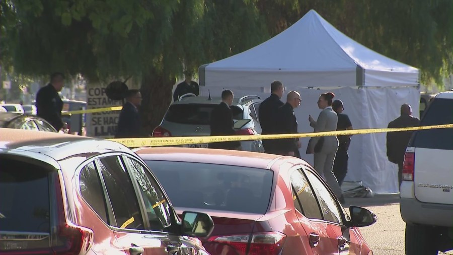 A suspect remains at large after a man was found shot to death in the North Hills neighborhood on June 17, 2023. (KTLA)