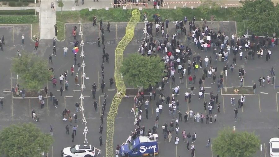 Fights broke out amid a Glendale school board meeting on the inclusion of Pride curriculum on June 6, 2023. (KTLA)