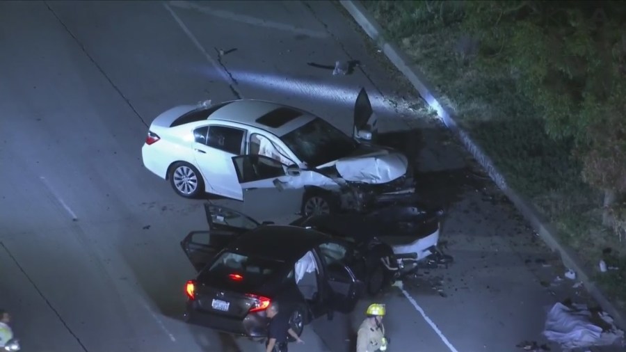 One person was killed and five others, including a toddler, were hospitalized after a violent head-on crash in Van Nuys on June 29, 2023. (KTLA)