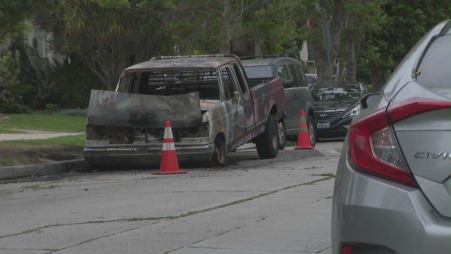 Arsonist torches classic Ford pickup truck in the Fairfax district amid a string of reported fires in the neighborhood on June 7, 2023. (KTLA)