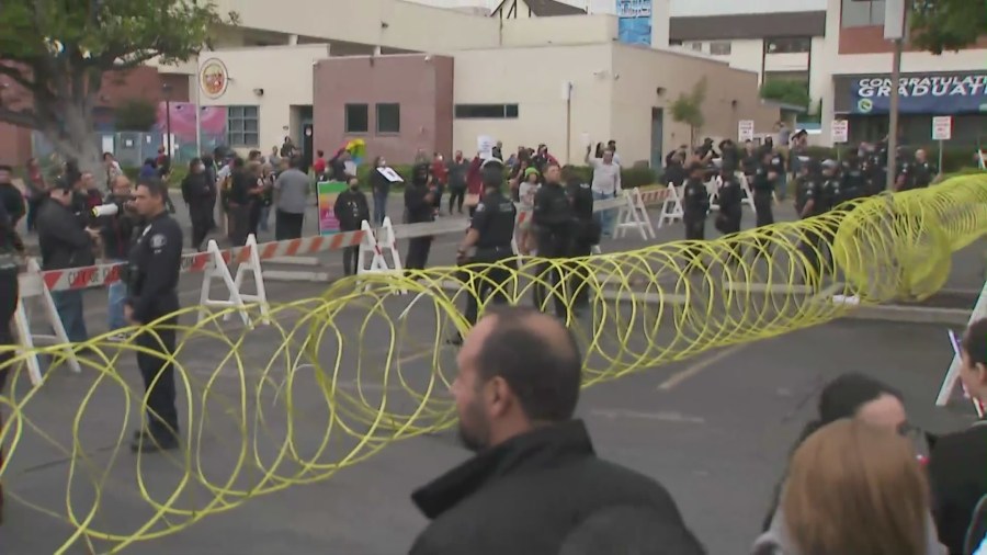 Fights broke out amid a Glendale school board meeting on the inclusion of Pride curriculum on June 6, 2023. (KTLA)