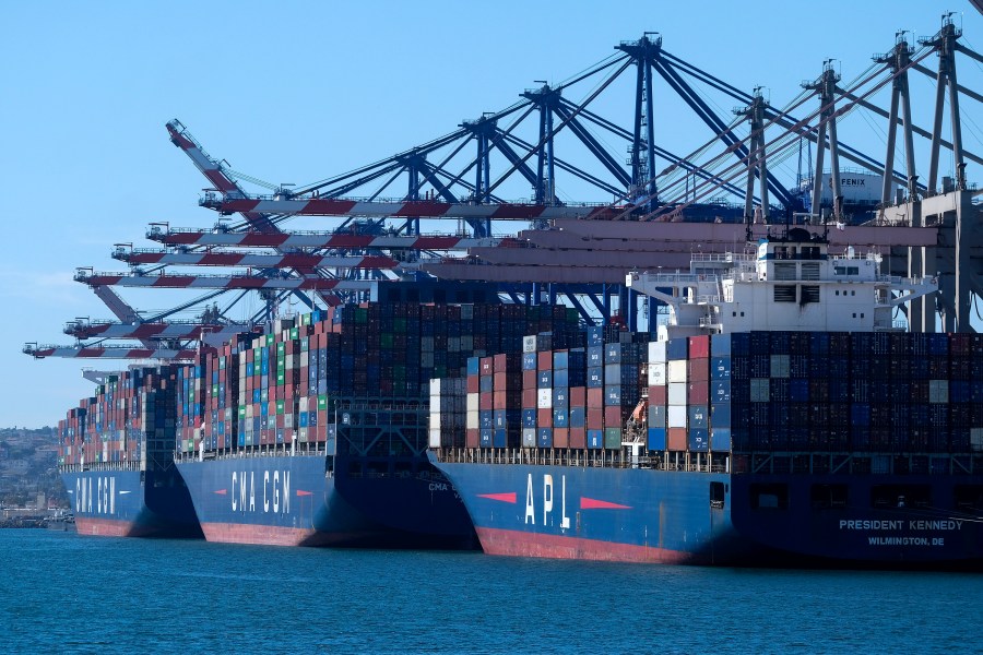 Cargo containers sit stacked on ships at the Port of Los Angeles, Wednesday, Oct. 20, 2021 in San Pedro, Calif. (AP Photo/Ringo H.W. Chiu, File)