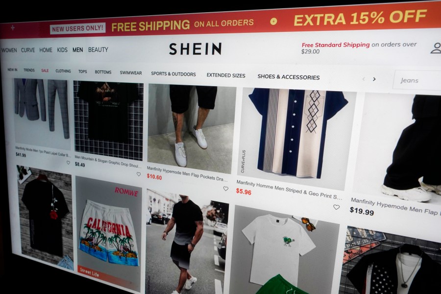 A page from the Shein website is shown in this photo, in New York, Friday, June 23, 2023. China's fast fashion retailer Shein is facing a lawsuit that claims the company is infringing on copyrights in a way that amounts to racketeering. (AP Photo/Richard Drew)