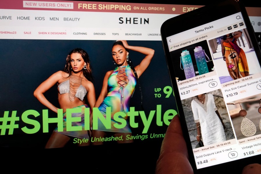 Pages from the Shein website, left, and from the Temu site, right, are shown in this photo, in New York, Friday, June 23, 2023. Chinese e-commerce retailer Temu has filed a lawsuit accusing its rival Shein of violating U.S. antitrust law by blocking clothing manufacturers from working with Temu. (AP Photo/Richard Drew)