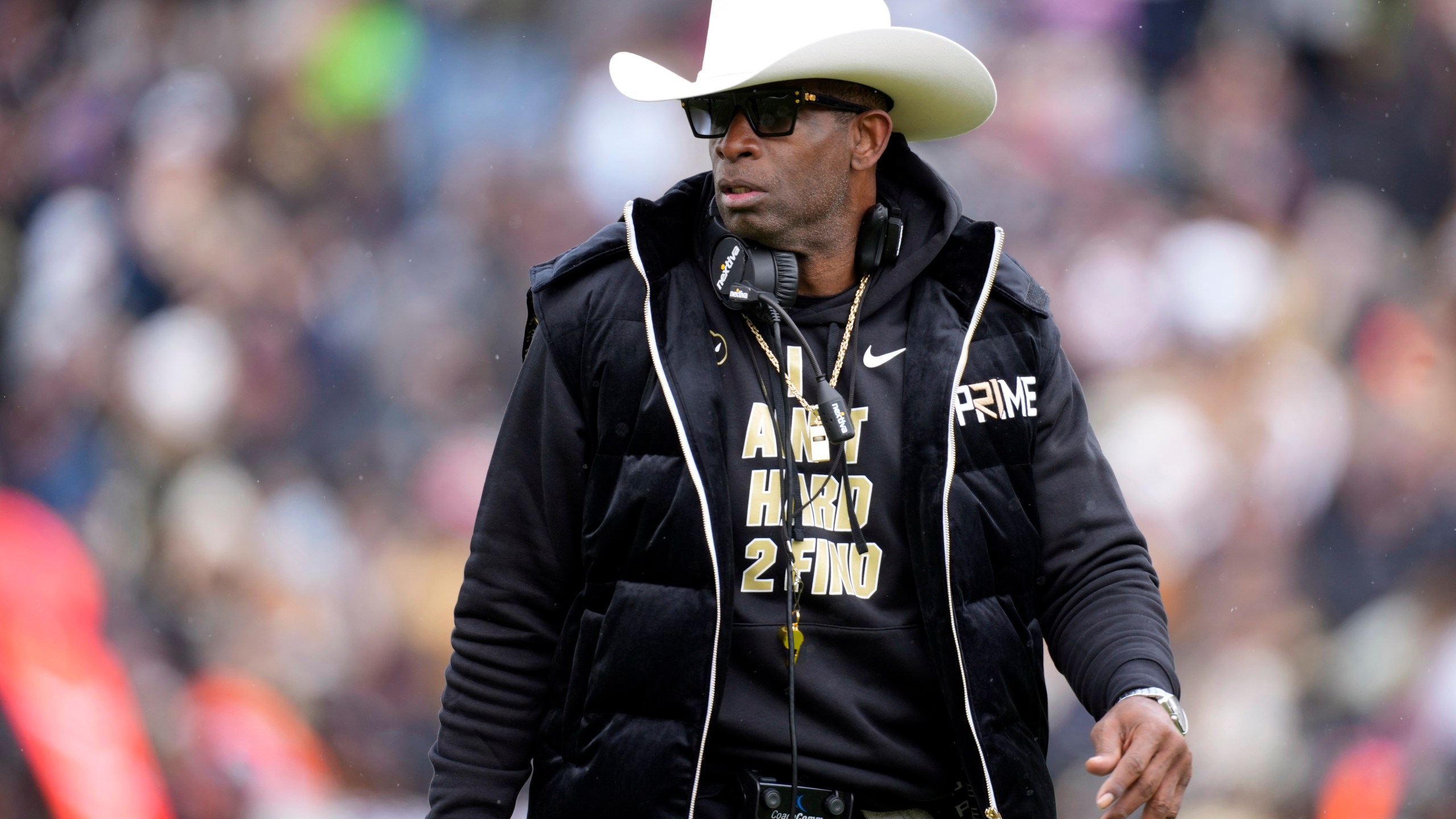 Colorado head coach Deion Sanders looks on in the first half of the team's spring practice NCAA college football game, April 22, 2023, in Boulder, Colo. (AP Photo/David Zalubowski, File)