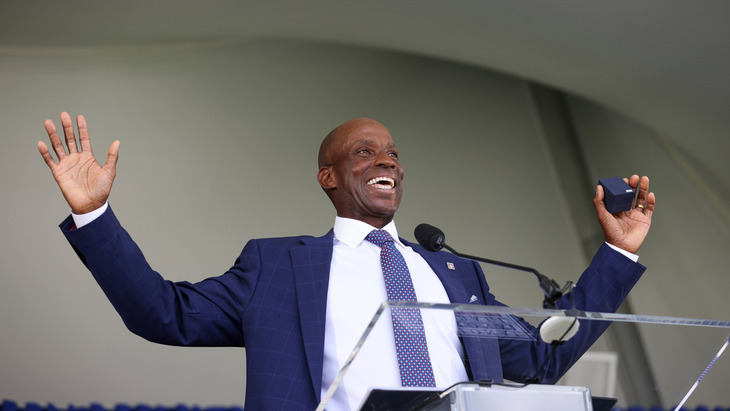 Hall of Fame inductee Fred McGriff speaks during a National Baseball Hall of Fame induction ceremony Sunday, July 23, 2023, at the Clark Sports Center in Cooperstown, N.Y. (AP Photo/Bryan Bennett)