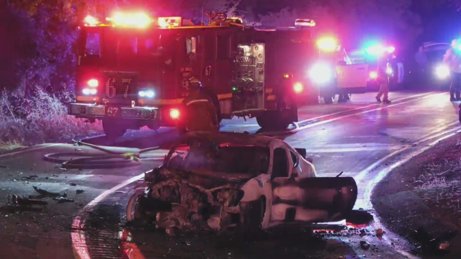 Firefighters respond to a high-speed crash in the Topanga area.