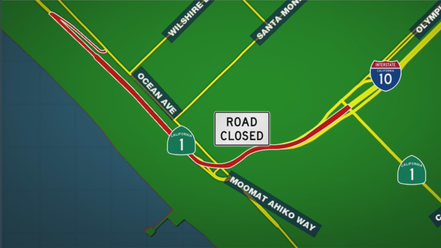 A map shows the closures on the Santa Monica Freeway to allow for the removal of a cracked portion of the bluffs.