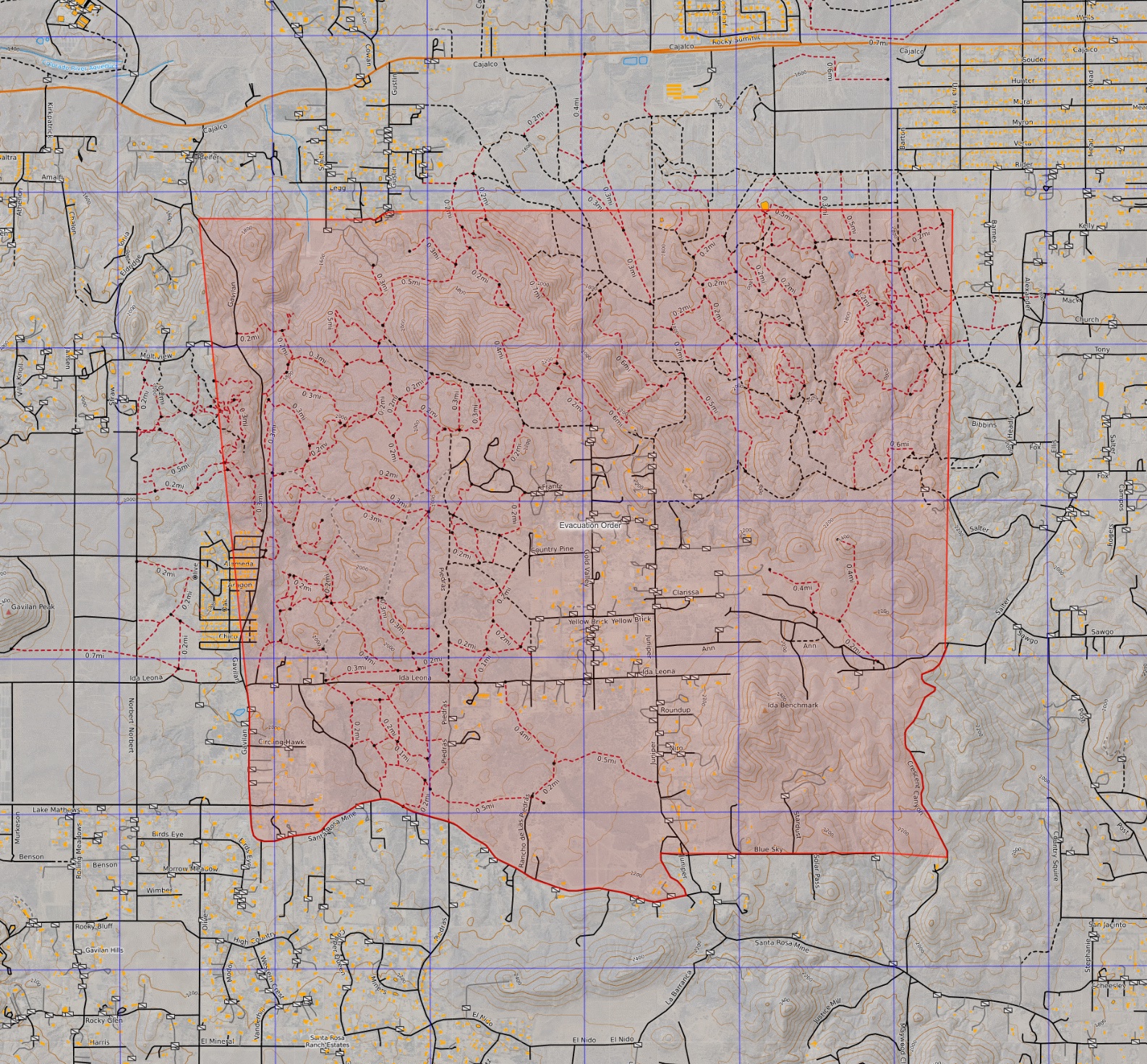 Evacuation order map area for the Gavilan Fire. (CAL FIRE/Riverside County Fire Department)