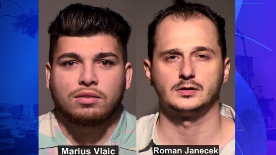 Marius Vlaic, 23, and Roman Janecek ,29, were both charged with more than a dozen felony counts, including conspiracy and grand theft. After allegedly cutting off their GPS ankle monitors, the two men remain at large and have felony warrants out for their arrest. (Ventura County District Attorney’s Office)