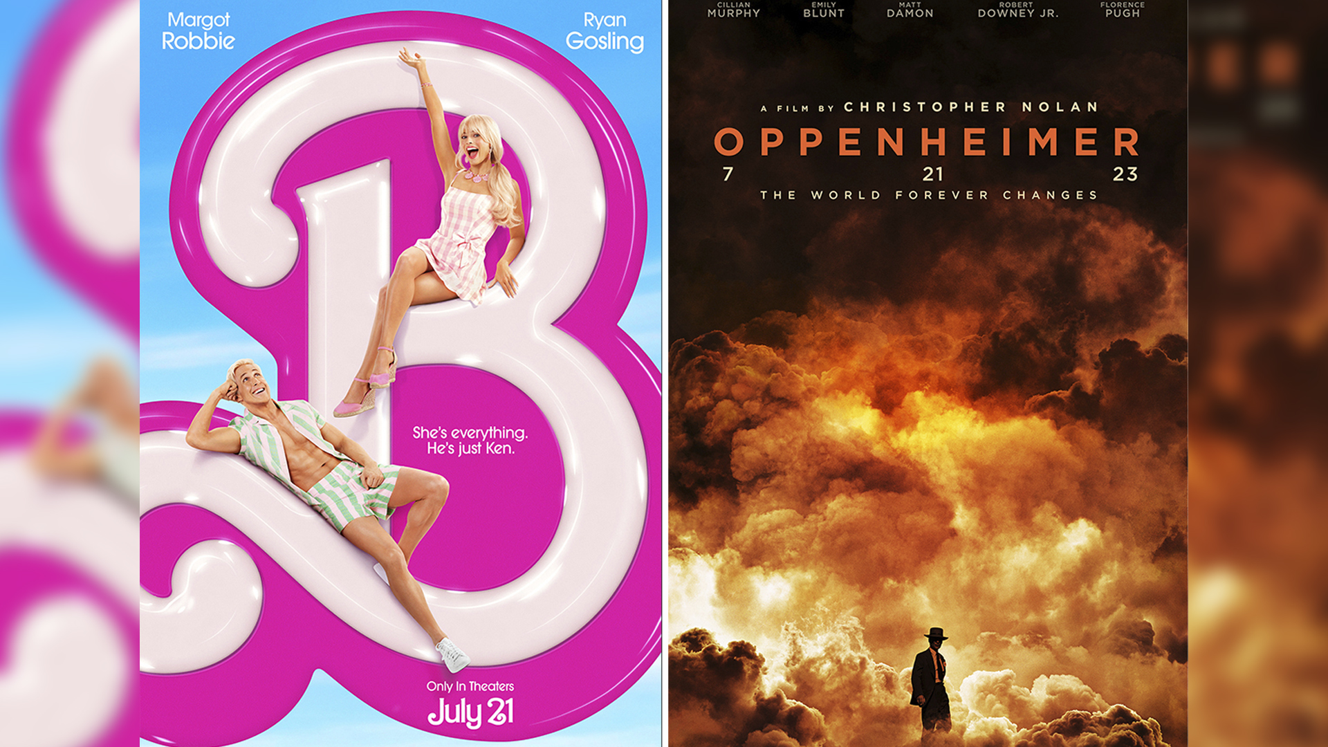 This combination of photos shows promotional art for films, "Barbie" and "Oppenheimer." Both films are set to be released on July 21, 2023. (Associated Press)