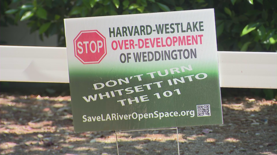 A sign protesting the proposed River Park is seen in a Studio City neighborhood on July 12, 2023. (KTLA)