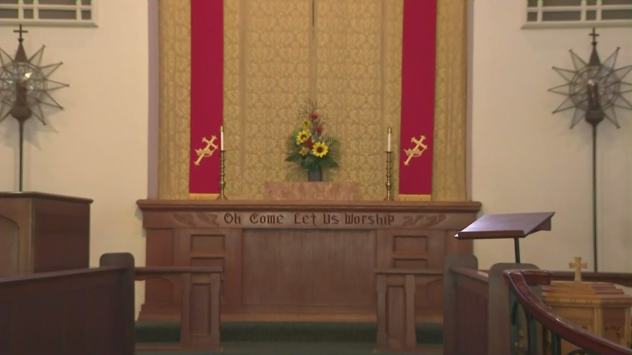 The St. James United Methodist Church in Pasadena is asking for the public’s help after a historic cross was stolen by vandals from the altar on July 23, 2023. (KTLA)