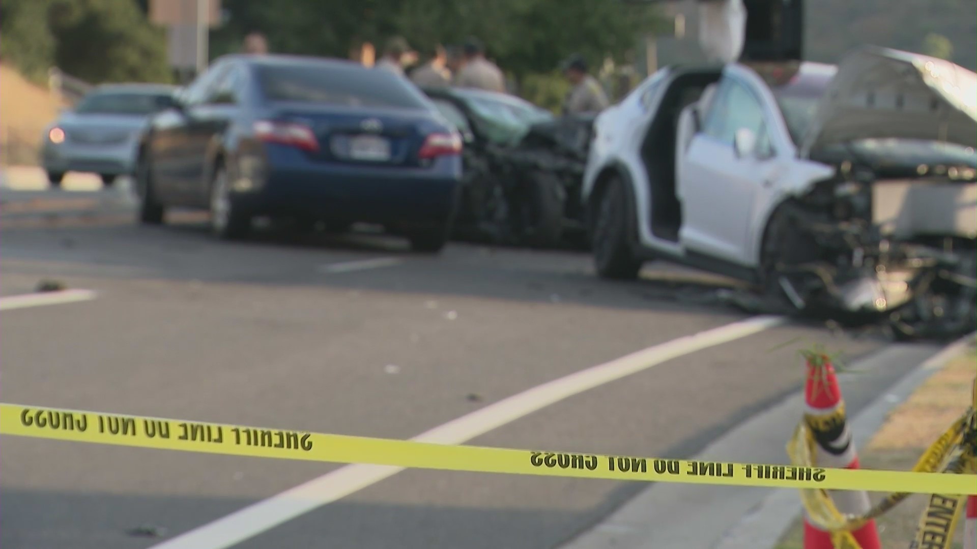 One person was killed and six others were hospitalized after a violent multi-vehicle crash in Calabasas on July 22, 2023. (KTLA)