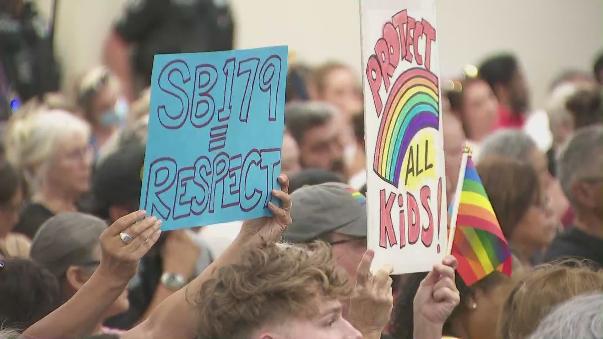 Hundreds attended a heated Chino Valley school board meeting as a controversial policy requiring parental notification of any transgender children passed with a 4-1 vote on July 20, 2023. (KTLA)