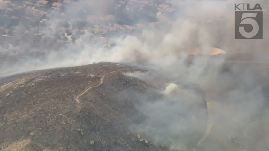 The fast-moving “Oak Fire” erupted in Jurupa Valley in Riverside County on July 19, 2023. (KTLA)