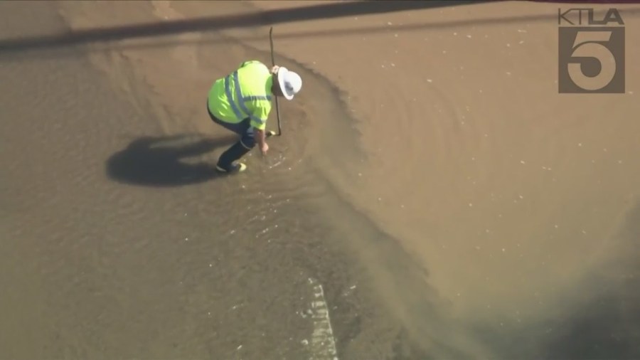 A massive water main break flooded a neighborhood in Sherman Oaks on July 28, 2023. (KTLA)