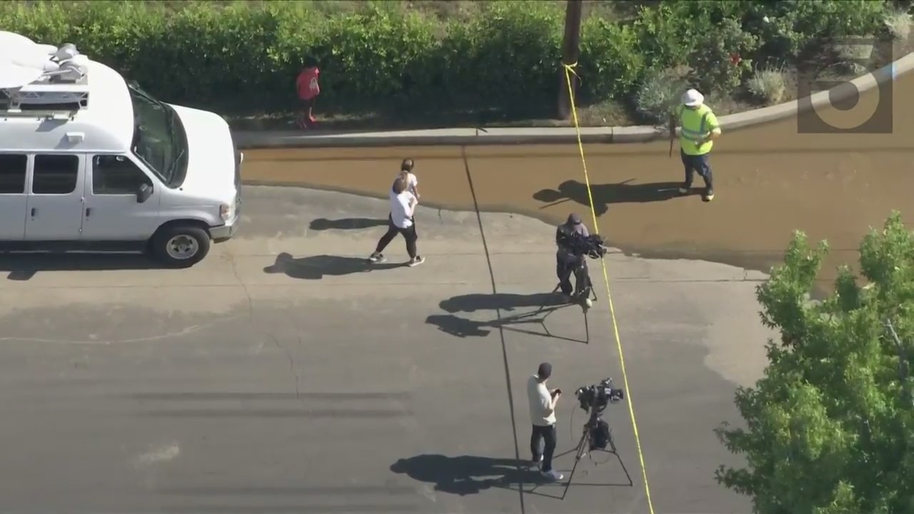 A massive water main break flooded a neighborhood in Sherman Oaks on July 28, 2023. (KTLA)