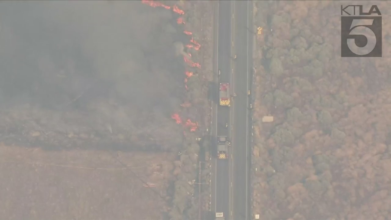 Firefighters are responding to a wildfire that erupted in Moreno Valley on July 14, 2023. (KTLA)